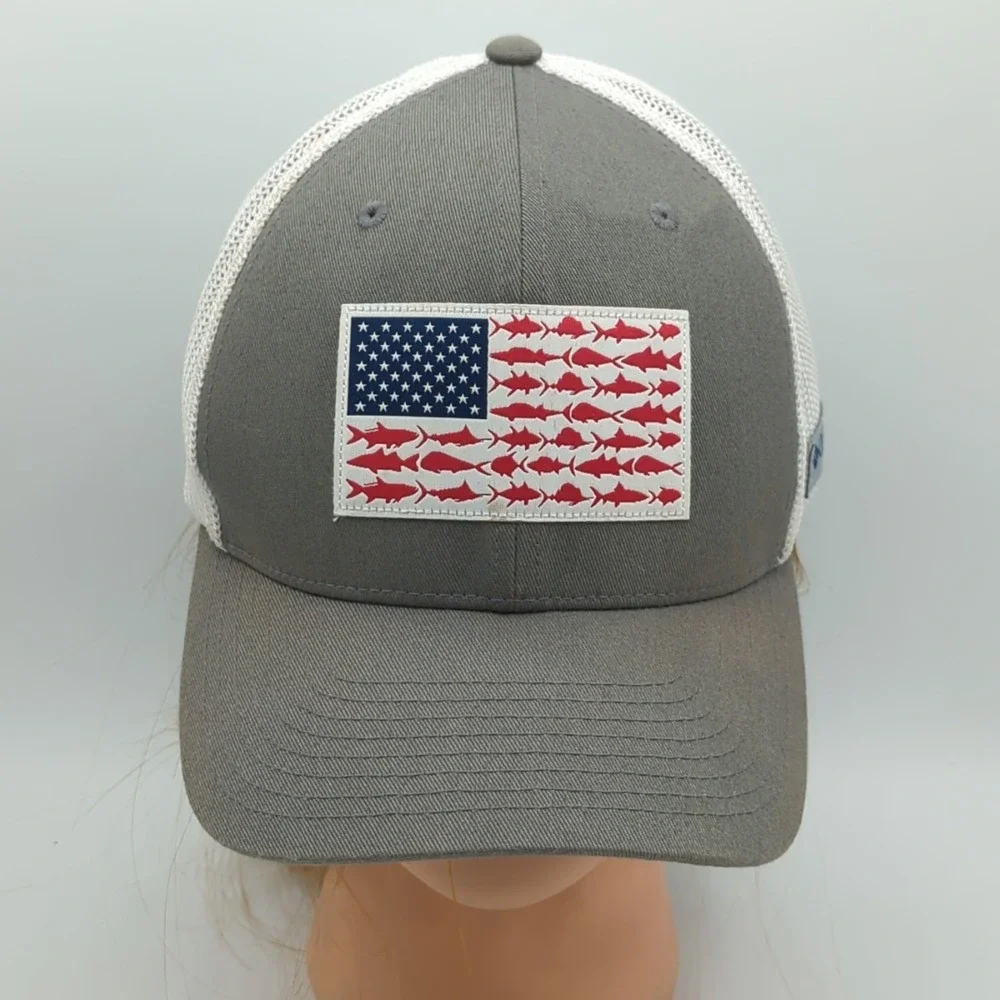 Columbia PFG Fish USA Flag Fitted Flexfit Mesh Back Cap Hat One Size Gray
